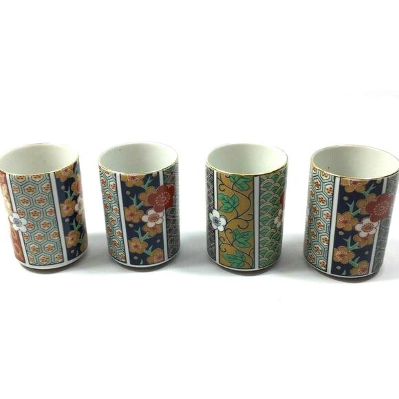 Oriental Teapot & 4 Tea Cups Green Red Blue Floral Gold Rattan Handle Home Decor - Picture 6 of 13